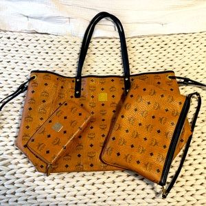 MCM Visetos Coated Canvas Reversible Shopper Tote Cognac (Bundle)